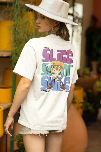 Slice, savor and smile  | Typography | Dropped Sleeve Unisex Tee