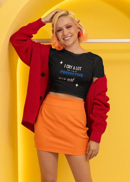 First  front view of a female model wearing a black crop top with "I cry a lot but I am productive" text, perfect for Swiftie fans.