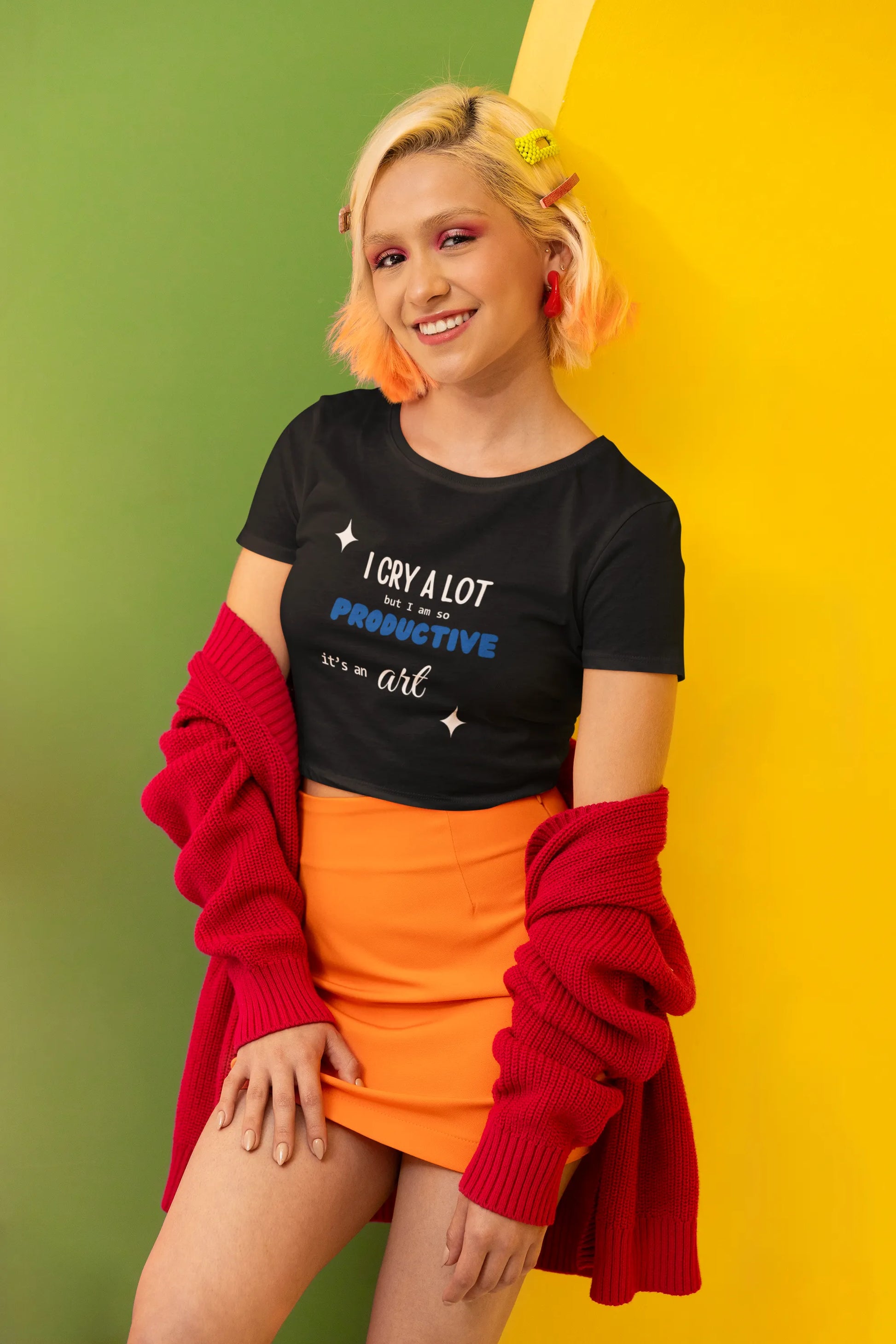 Side view of a female model wearing a black crop top with "I cry a lot but I am productive" text, perfect for Swiftie fans.