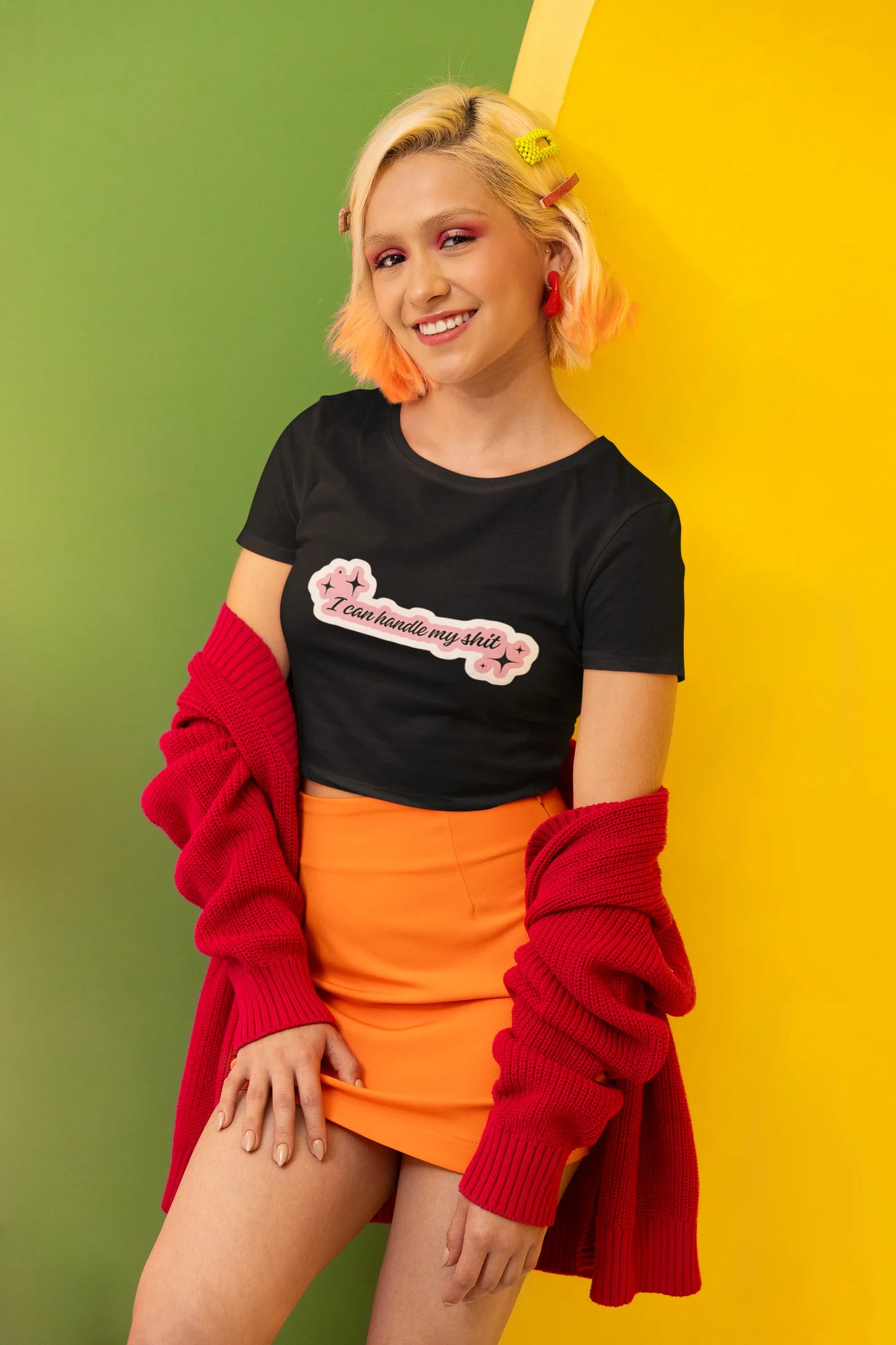 Side view of a female model wearing a black crop top with "I Can Handle My Shit" text, perfect for Swifties and Eras Tour vibes.