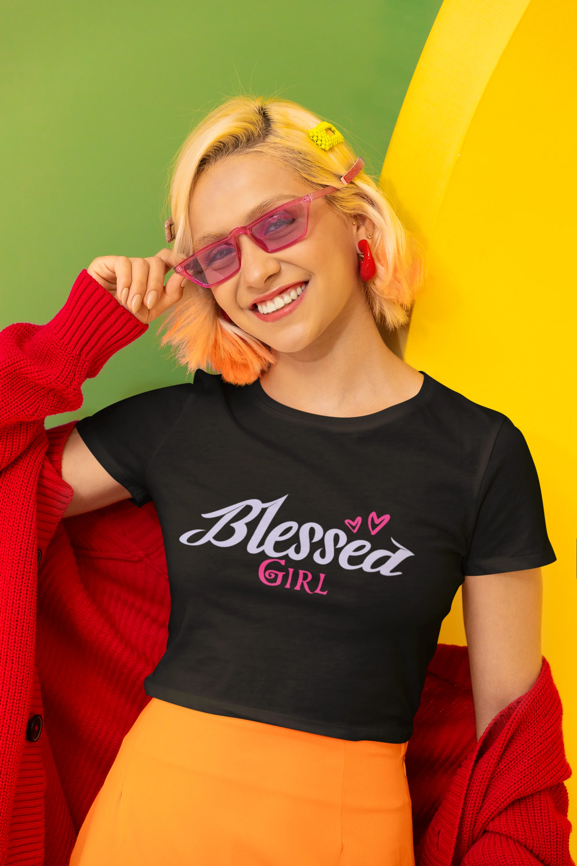 Second front view of a female model wearing a black crop top with "Blessed Girl" design, exuding positivity and confidence.