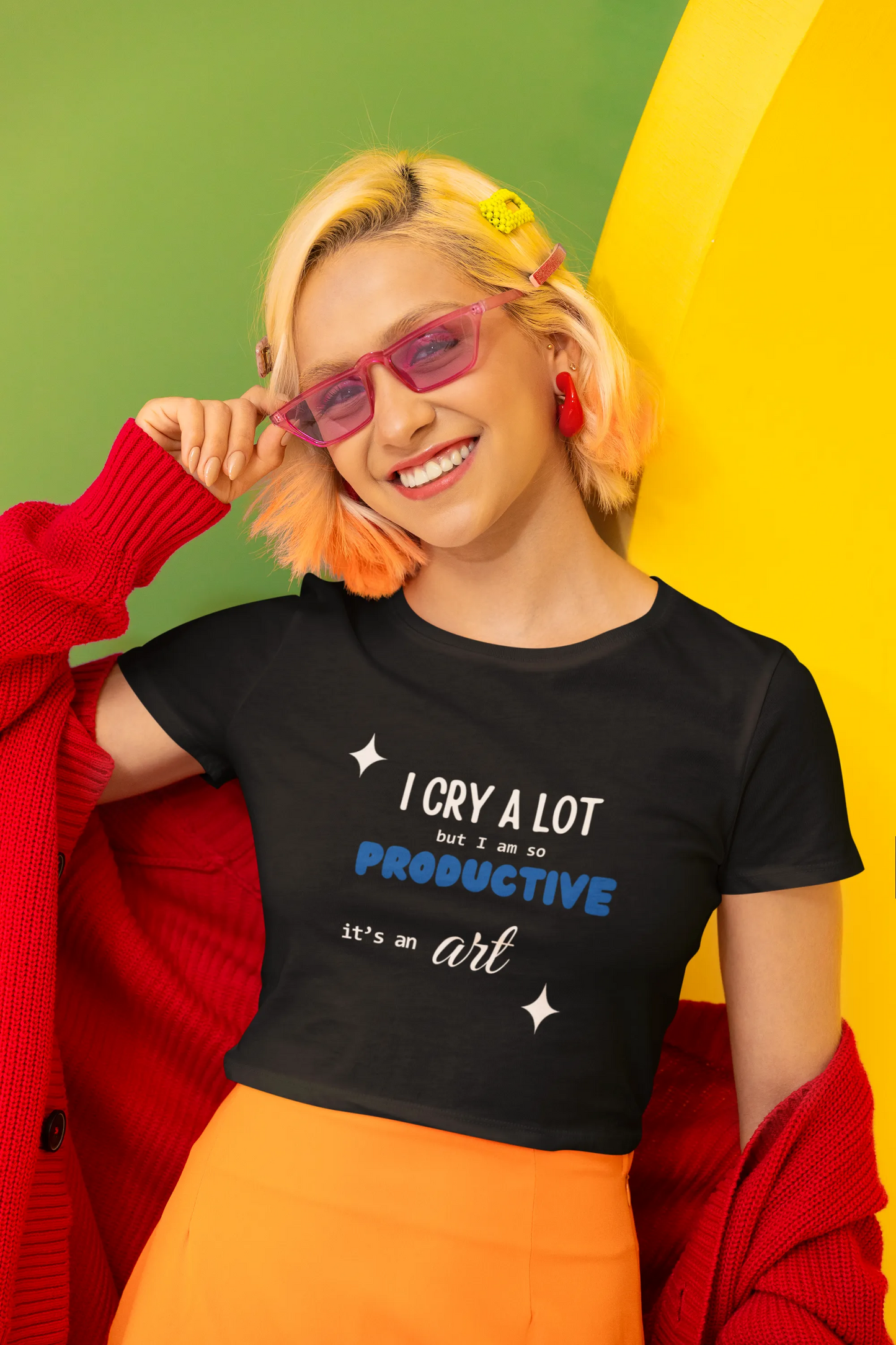 Second front view of a female model wearing a black crop top with "I cry a lot but I am productive" text, perfect for Swiftie fans.