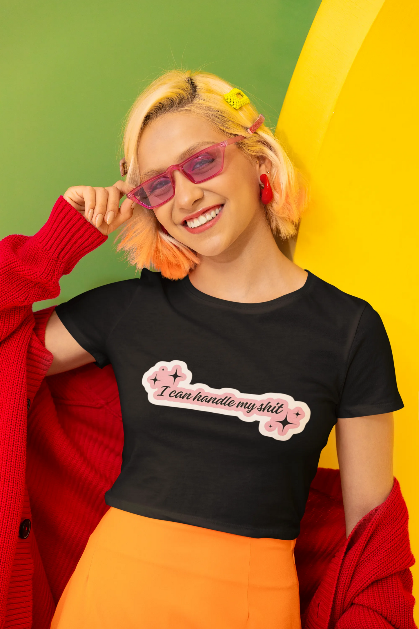 First front view of a female model wearing a black crop top with "I Can Handle My Shit" text, perfect for Swifties and Eras Tour vibes.