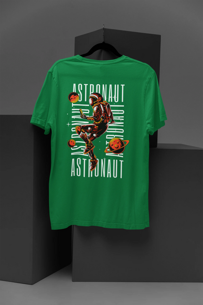 Back design of a forest green oversized t-shirt featuring a captivating "celestial" design that incorporates subtle elements of the Milky Way galaxy, planets, and the wonders of space. Ideal for aspiring astronauts and space enthusiasts.