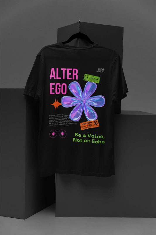 Back view of a black oversized t-shirt with a metal flower design and "Be a Voice, Not an Echo" slogan.