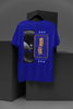 Back view of a royal blue oversized t-shirt featuring a captivating 