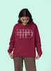 Third front view of a female model wearing a maroon oversized, cozy hoodie featuring 