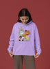 Third image of a female model wearing a lavender hoodie with a large Looney Tunes design. The illustration features portraits of several iconic Looney Tunes characters.