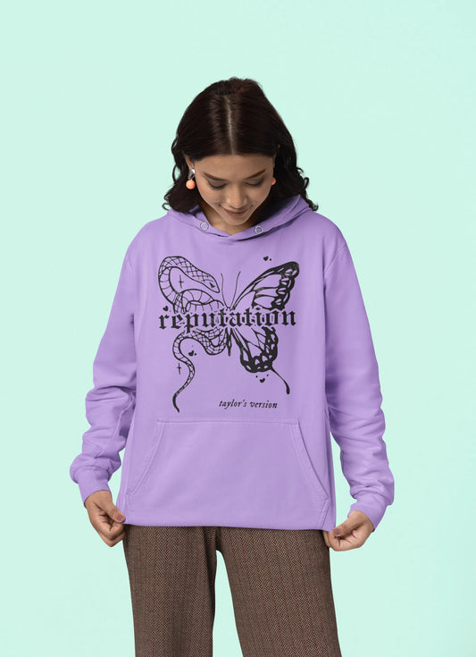 First front view of a female model wearing a dirty purple Reputation-inspired hoodie, perfect for Taylor Swift fans and Eras Tour enthusiasts.