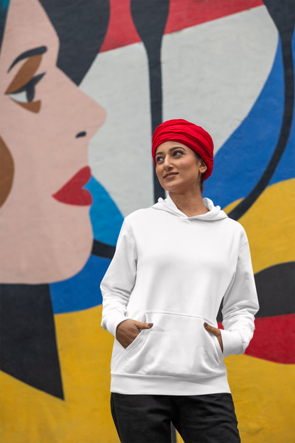 First front view of a female model wearing a comfortable white hoodie featuring the phrase "Vibe Teri Meri" in a modern font on a portrait of Diljit Singh holding up a sunflower, perfect for expressing your unique style and feeling the rhythm.