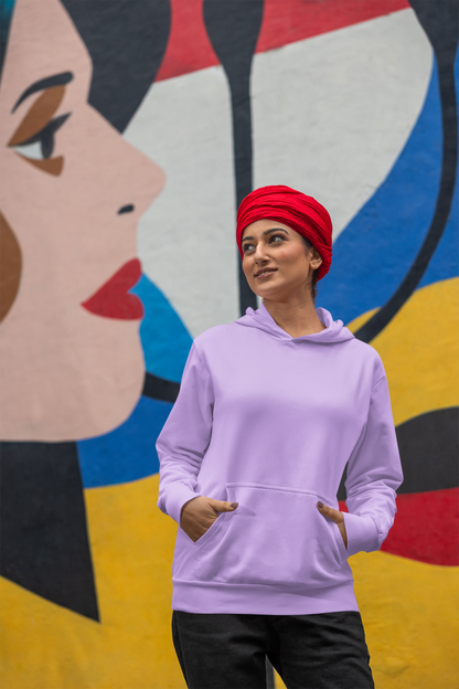 Second front view of a female model wearing a comfortable dirty purple hoodie featuring the phrase "Vibe Teri Meri" in a modern font on a portrait of Diljit Singh holding up a sunflower, perfect for expressing your unique style and feeling the rhythm.