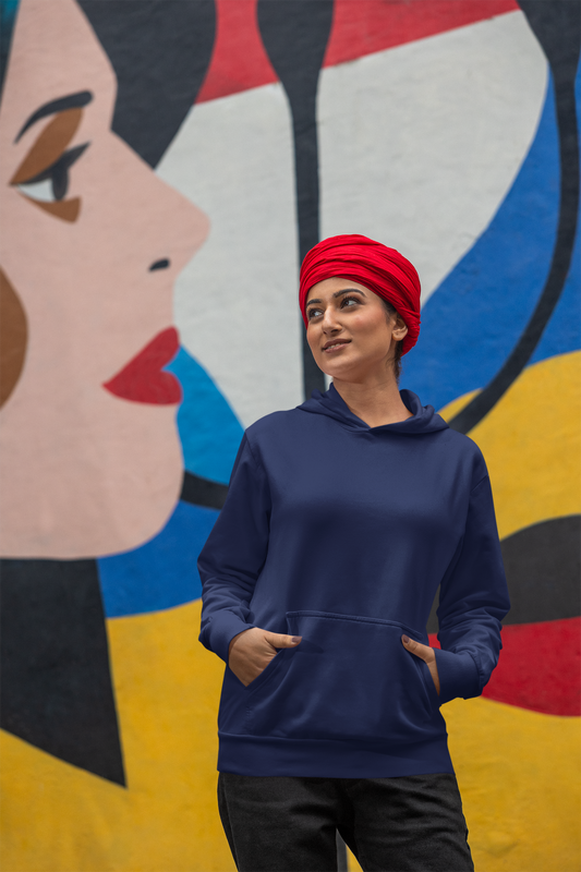 First front view of a female model wearing a royal blue hoodie with Diljit holding up a sunflower with the text "Dil Jeet" in the background.