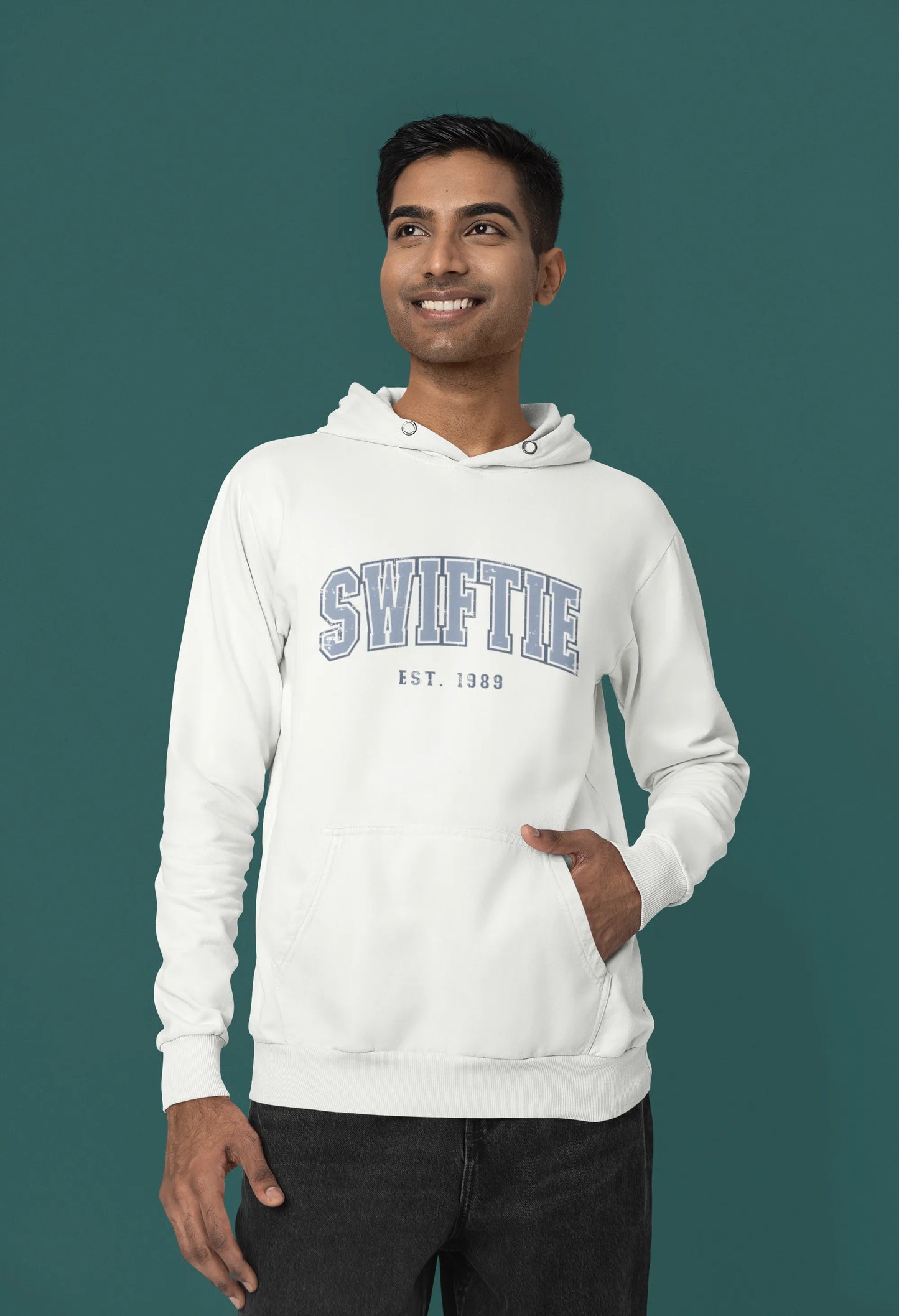 First front view of a male Model wearing an off-white Swiftie hoodie, perfect for Taylor Swift fans and Eras Tour enthusiasts.