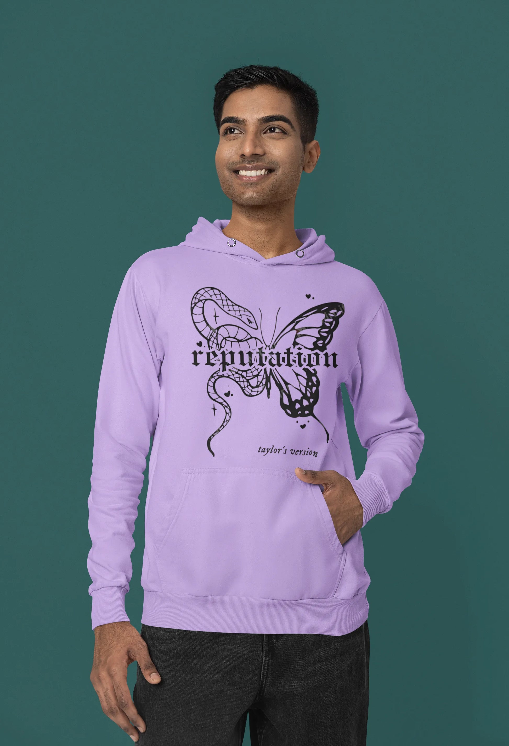 Second front view of a female model wearing a dirty purple Reputation-inspired hoodie, perfect for Taylor Swift fans and Eras Tour enthusiasts.
