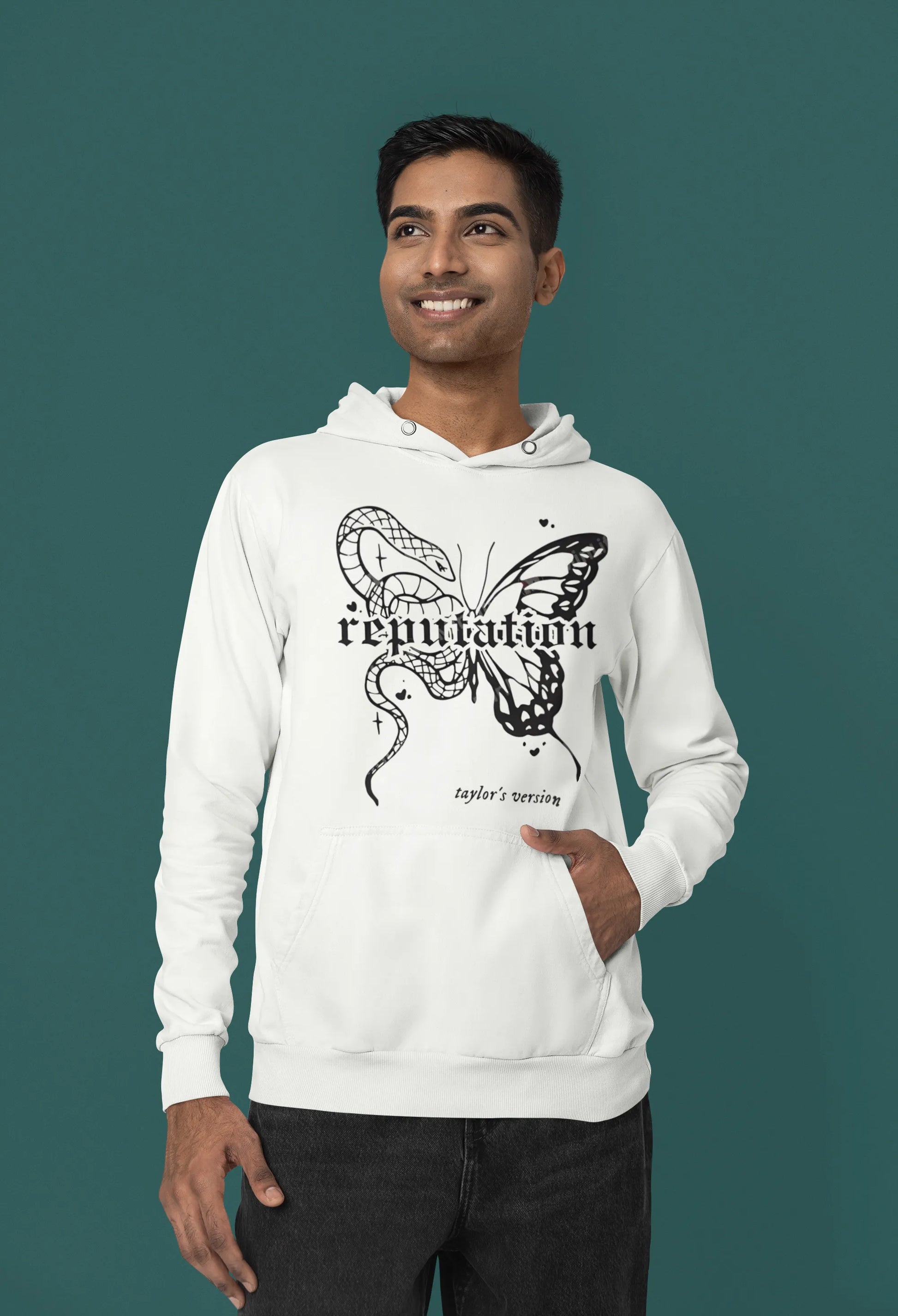 First front view of a male model wearing a off-white Reputation-inspired hoodie, perfect for Taylor Swift fans and Eras Tour enthusiasts.