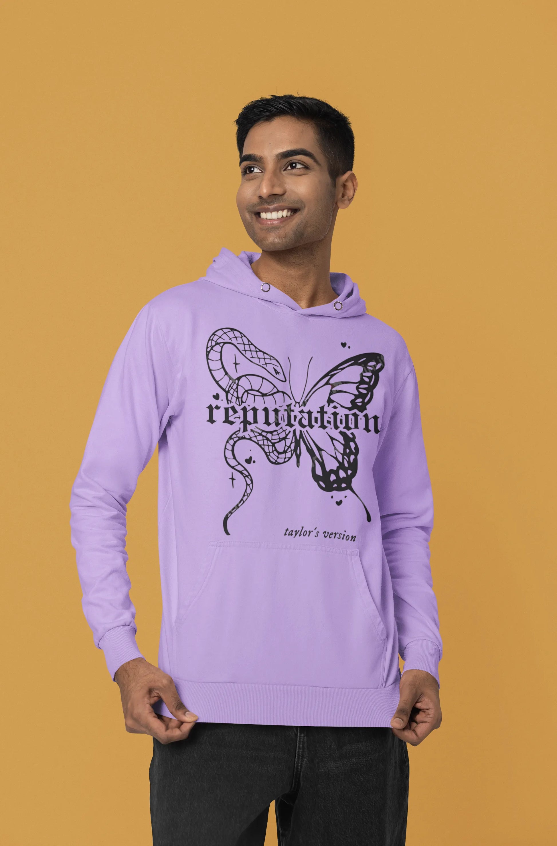 Side view of a female model wearing a dirty purple Reputation-inspired hoodie, perfect for Taylor Swift fans and Eras Tour enthusiasts.