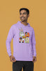 First image of a male model wearing a lavender hoodie with a large Looney Tunes design. The illustration features portraits of several iconic Looney Tunes characters.