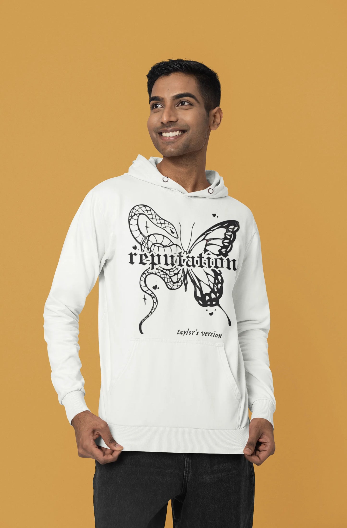 Side view of a male model wearing a off-white Reputation-inspired hoodie, perfect for Taylor Swift fans and Eras Tour enthusiasts.