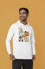 First image of a male model wearing a white hoodie with a large Looney Tunes design. The illustration features portraits of several iconic Looney Tunes characters.