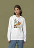 Second image of a female model wearing a white hoodie with a large Looney Tunes design. The illustration features portraits of several iconic Looney Tunes characters.