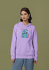 Second front view of a female model wearing a lavender hoodie with a large Stitch design. The illustration shows Stitch smiling and waving.