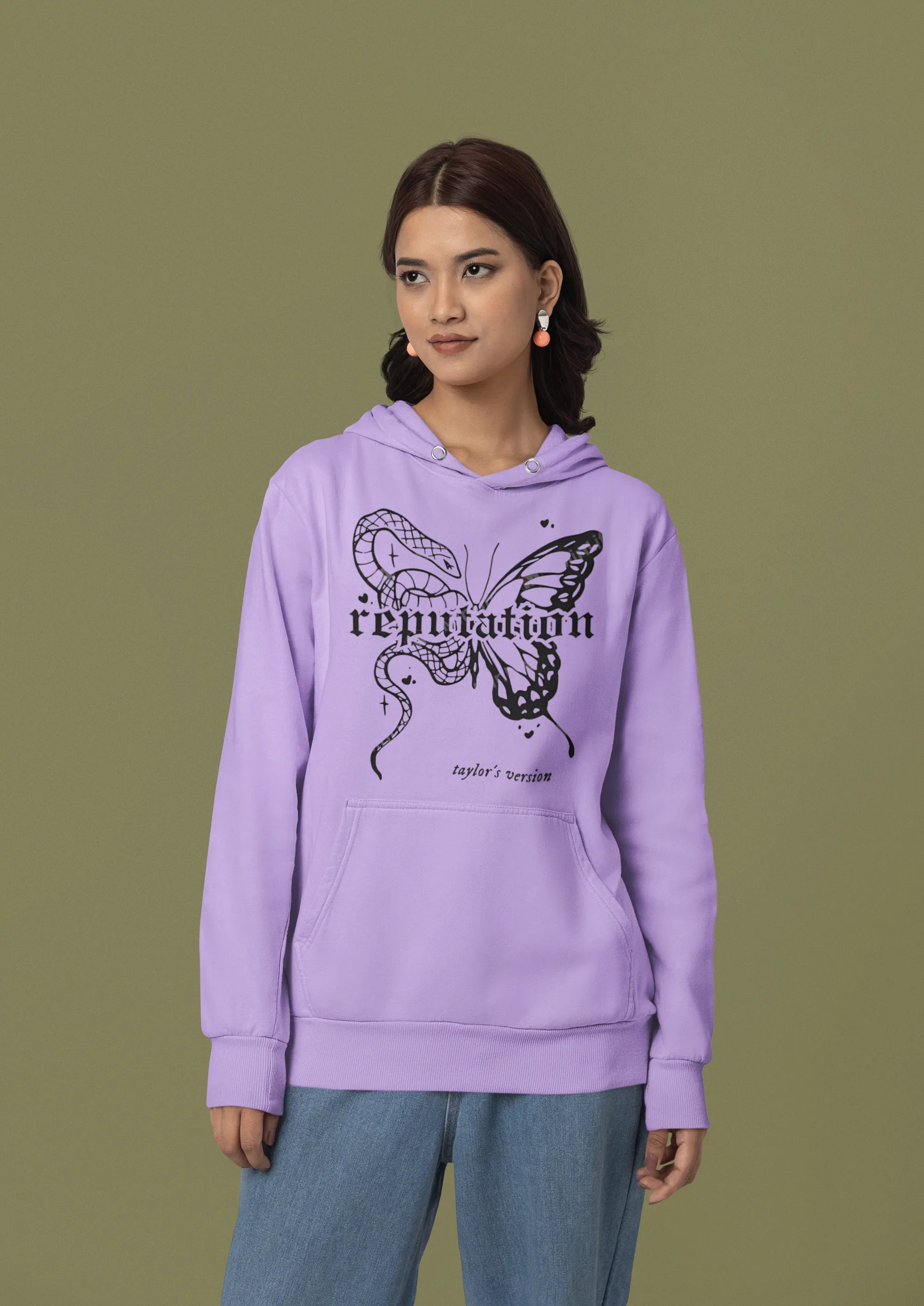 Third front view of a female model wearing a dirty purple Reputation-inspired hoodie, perfect for Taylor Swift fans and Eras Tour enthusiasts.