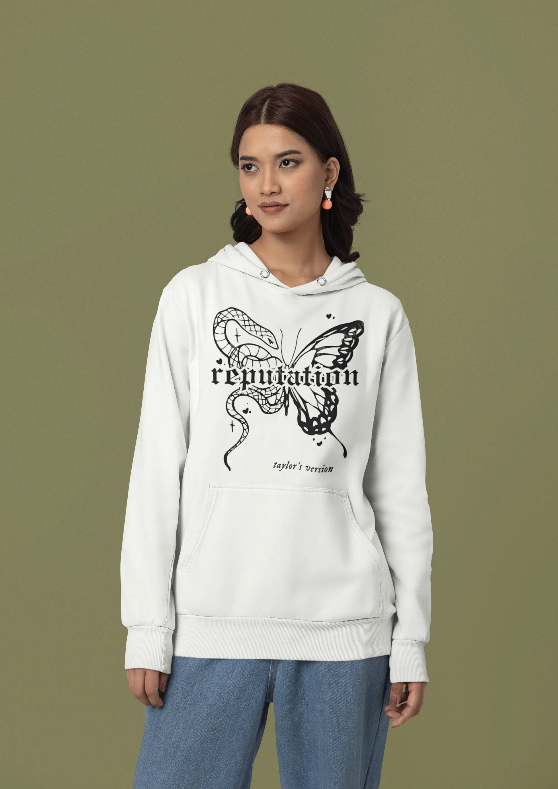 Second front view of a female model wearing a off-white Reputation-inspired hoodie, perfect for Taylor Swift fans and Eras Tour enthusiasts.