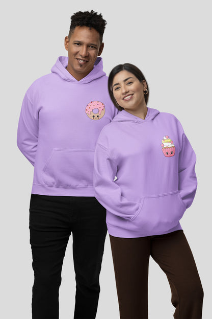 3rd front view of a couple wearing matching lavender hoodies, one with a animated donut and the other with a cupcake.