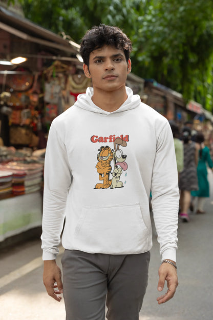 Fourth image of a male model wearing a white hoodie with a Garfield illustration showing the cat standing back to back with Odie, surrounded by a playful cartoon border.