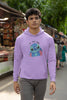 Fourth front view of a male model wearing a lavender hoodie with a large Stitch design. The illustration shows Stitch smiling and waving.