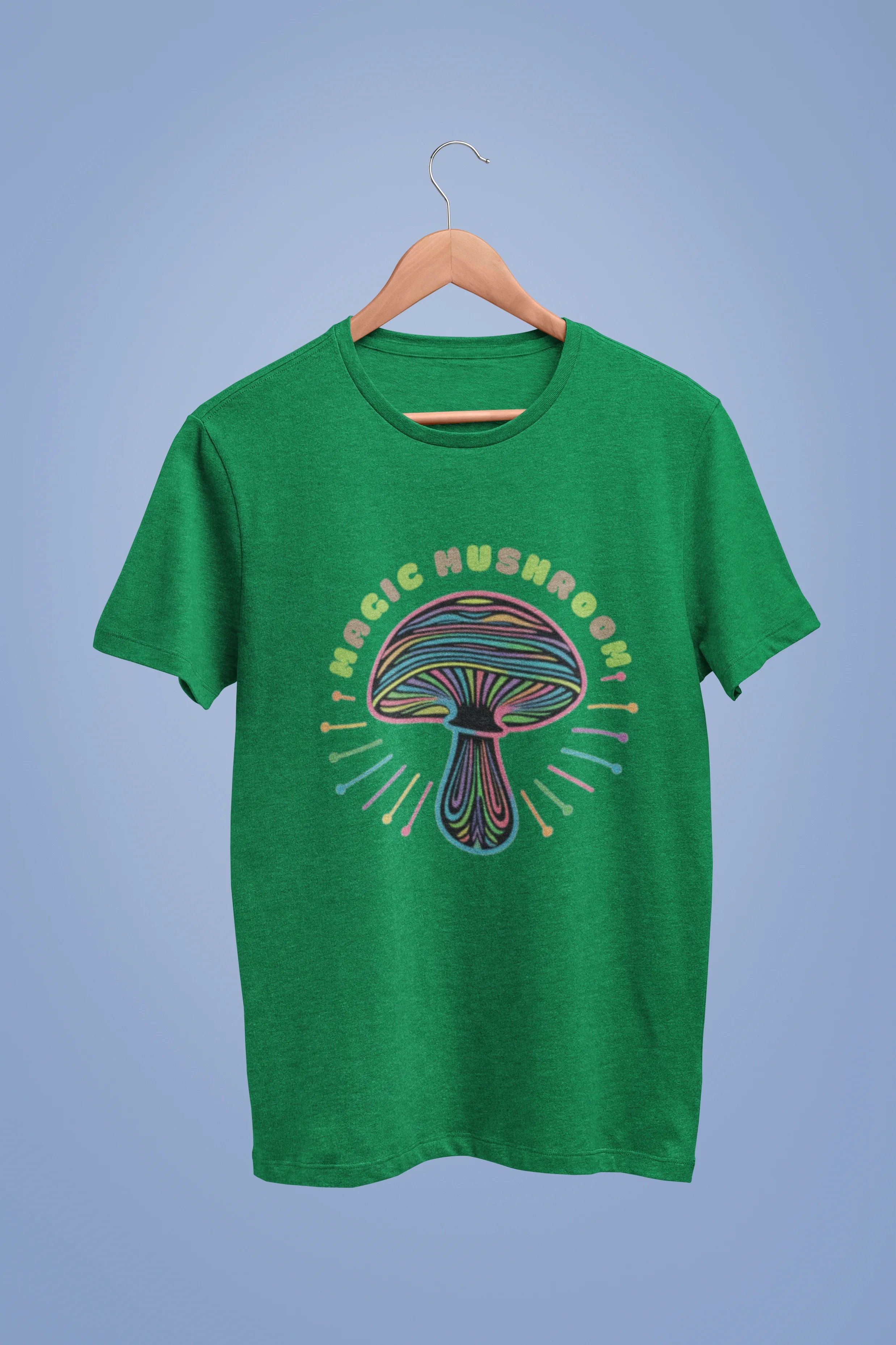 Front view of a forest green oversized t-shirt featuring a psychedelic magic mushroom with an aura, perfect for a hippie, trance, or groovy style.