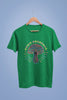 Front view of a forest green oversized t-shirt featuring a psychedelic magic mushroom with an aura, perfect for a hippie, trance, or groovy style.