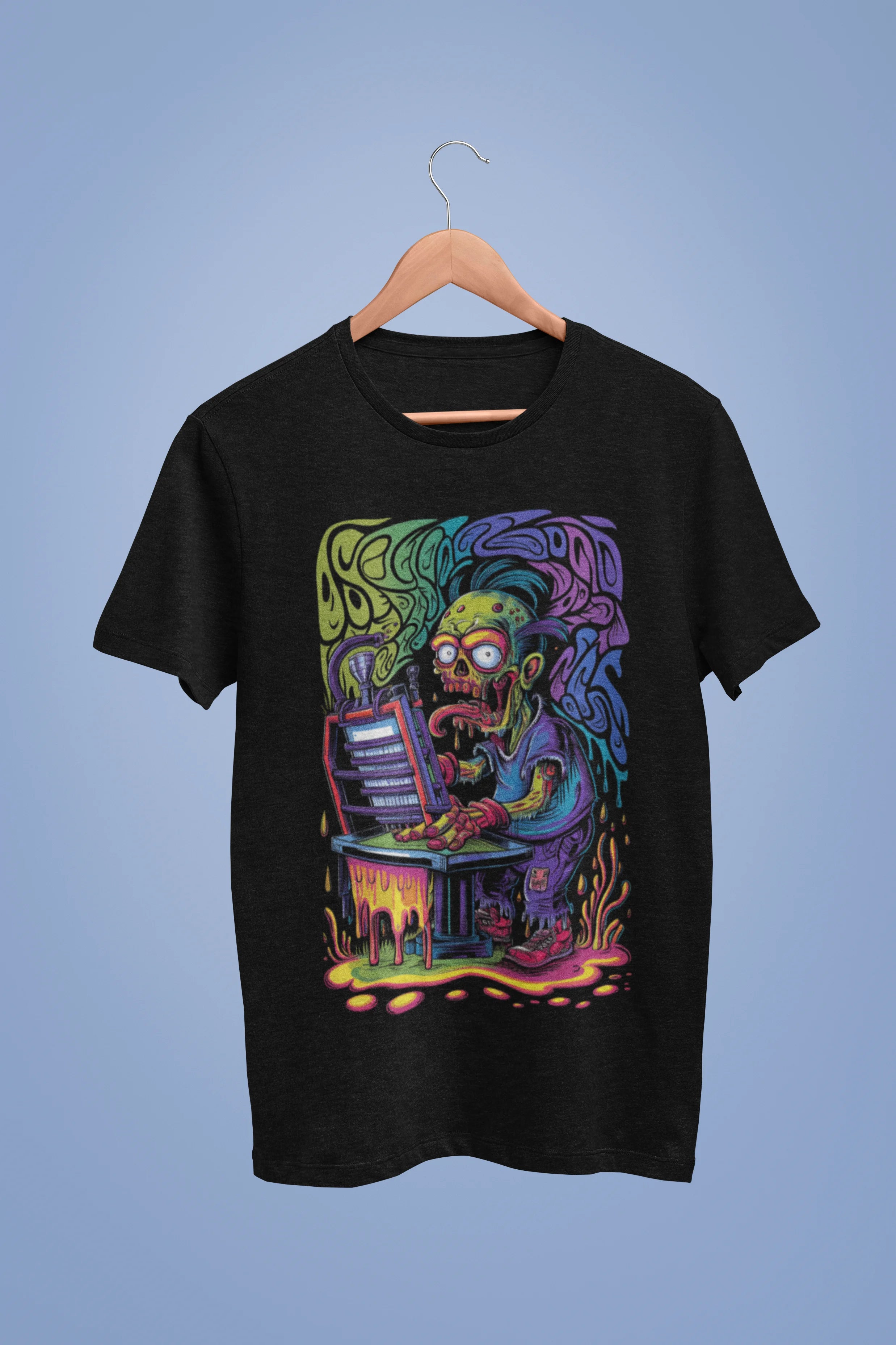 Front view of a black oversized t-shirt featuring a psychedelic melting green zombie design, perfect for a trippy, dark aesthetic.