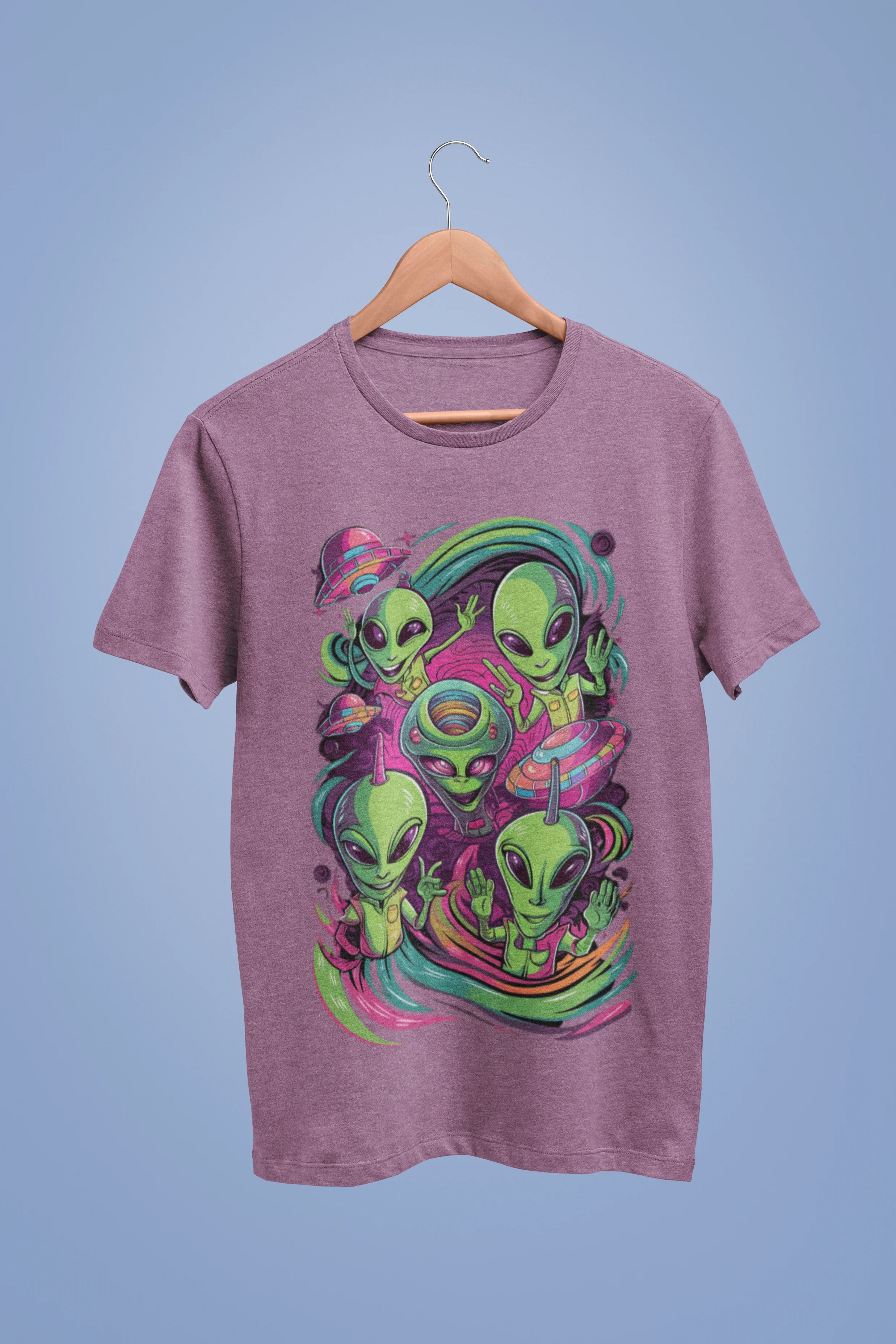 Front view of a dirty purple oversized t-shirt with a psychedelic design featuring green aliens and spaceships, perfect for a hippie, trance, or groovy style.