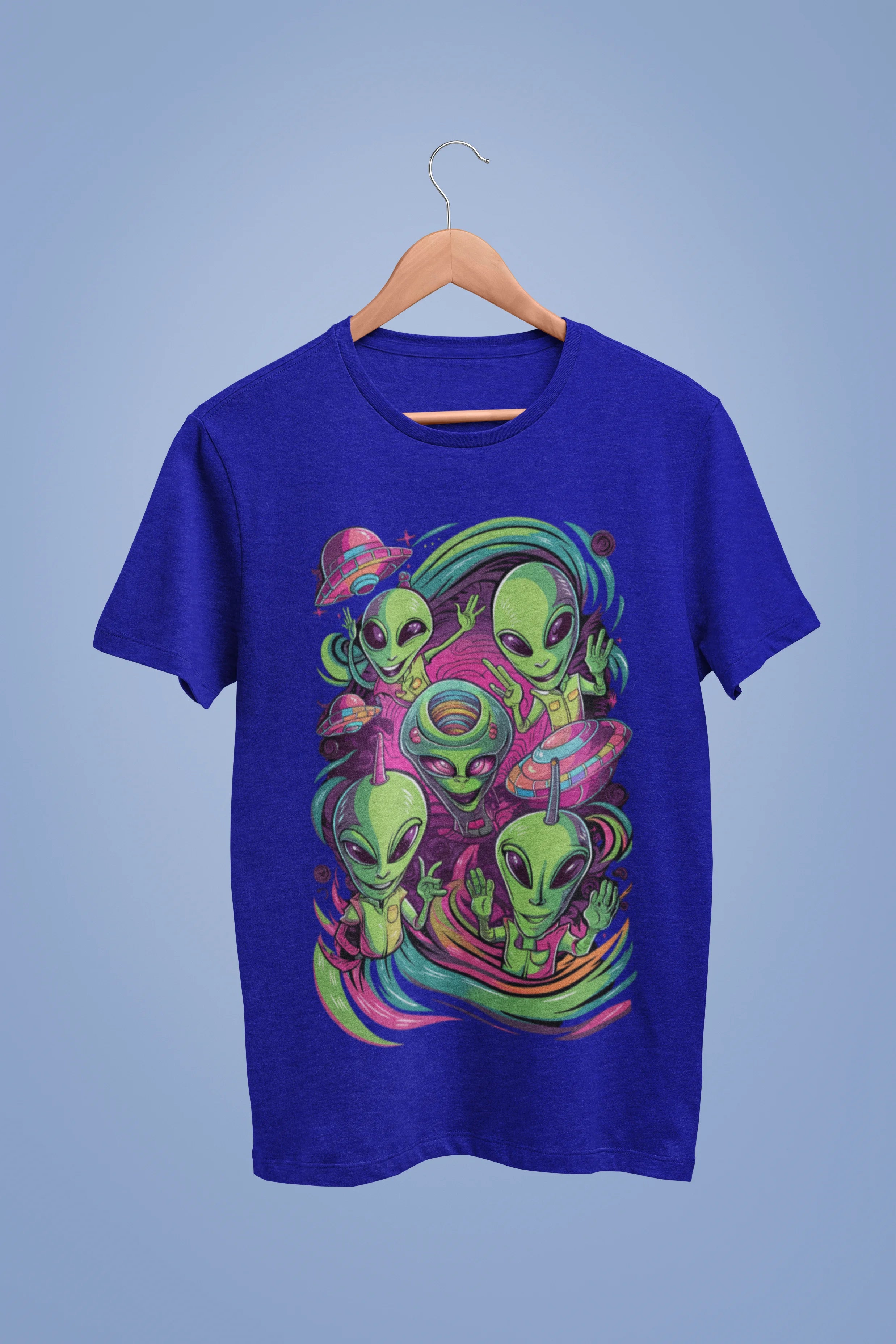 Front view of a royal blue oversized t-shirt with a psychedelic design featuring green aliens and spaceships, perfect for a hippie, trance, or groovy style.