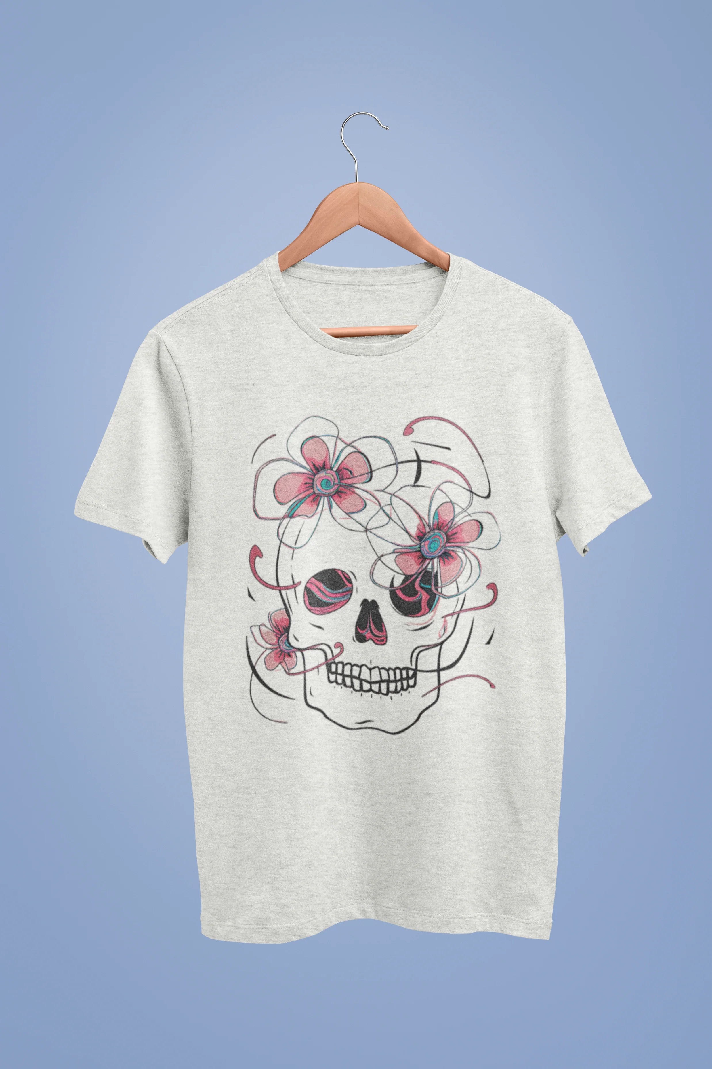 Front view of an off-white oversized t-shirt with a psychedelic skull flower design, perfect for a hippie, trance, or groovy style.