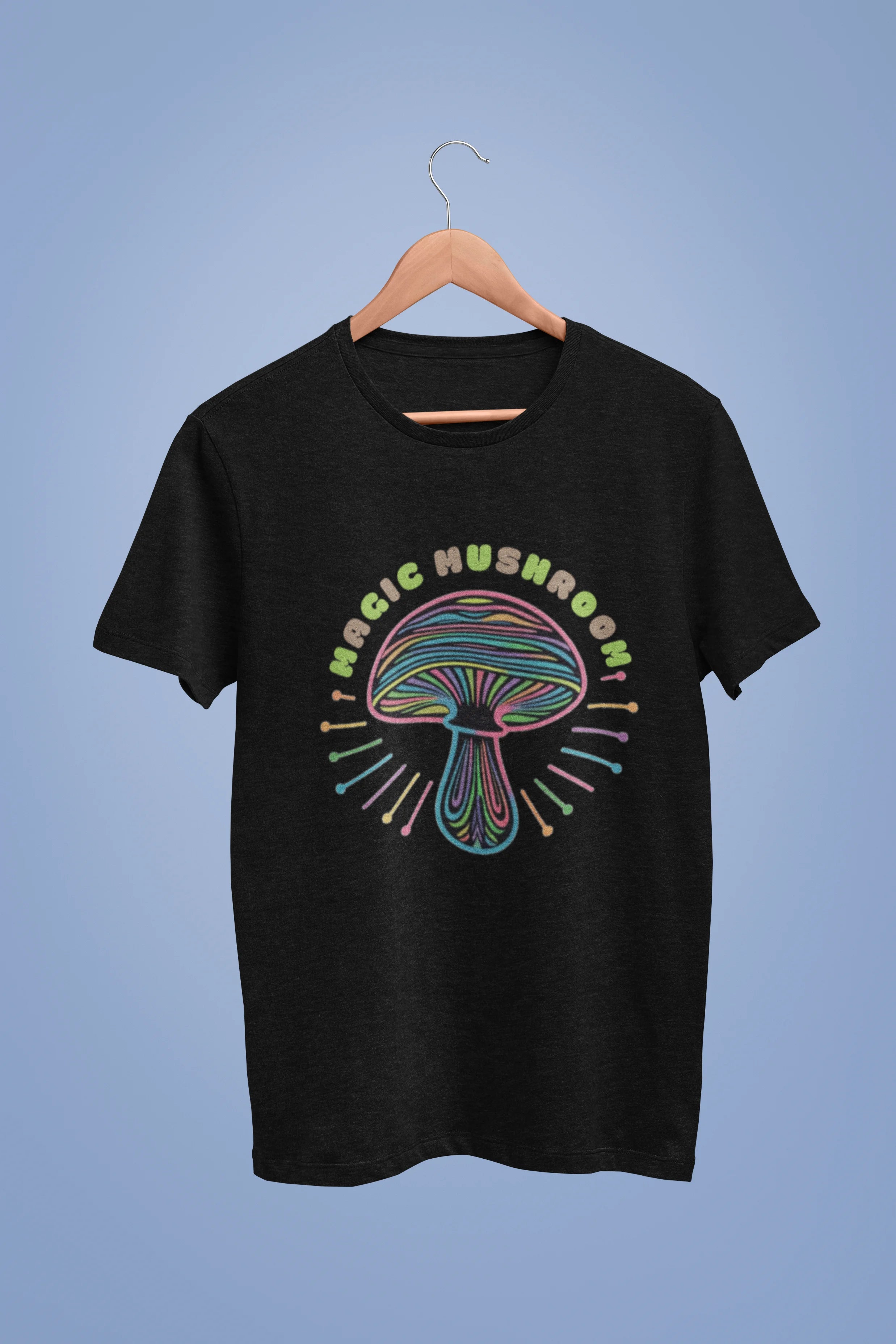 Front view of a black oversized t-shirt featuring a psychedelic magic mushroom with an aura, perfect for a hippie, trance, or groovy style.