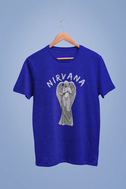 Front image of a royal blue oversized t-shirt featuring a design of a winged angel with the text "Nirvana" above it. Ideal for fans of Nirvana and those who love grunge aesthetics.