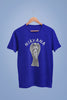 Front image of a royal blue oversized t-shirt featuring a design of a winged angel with the text 