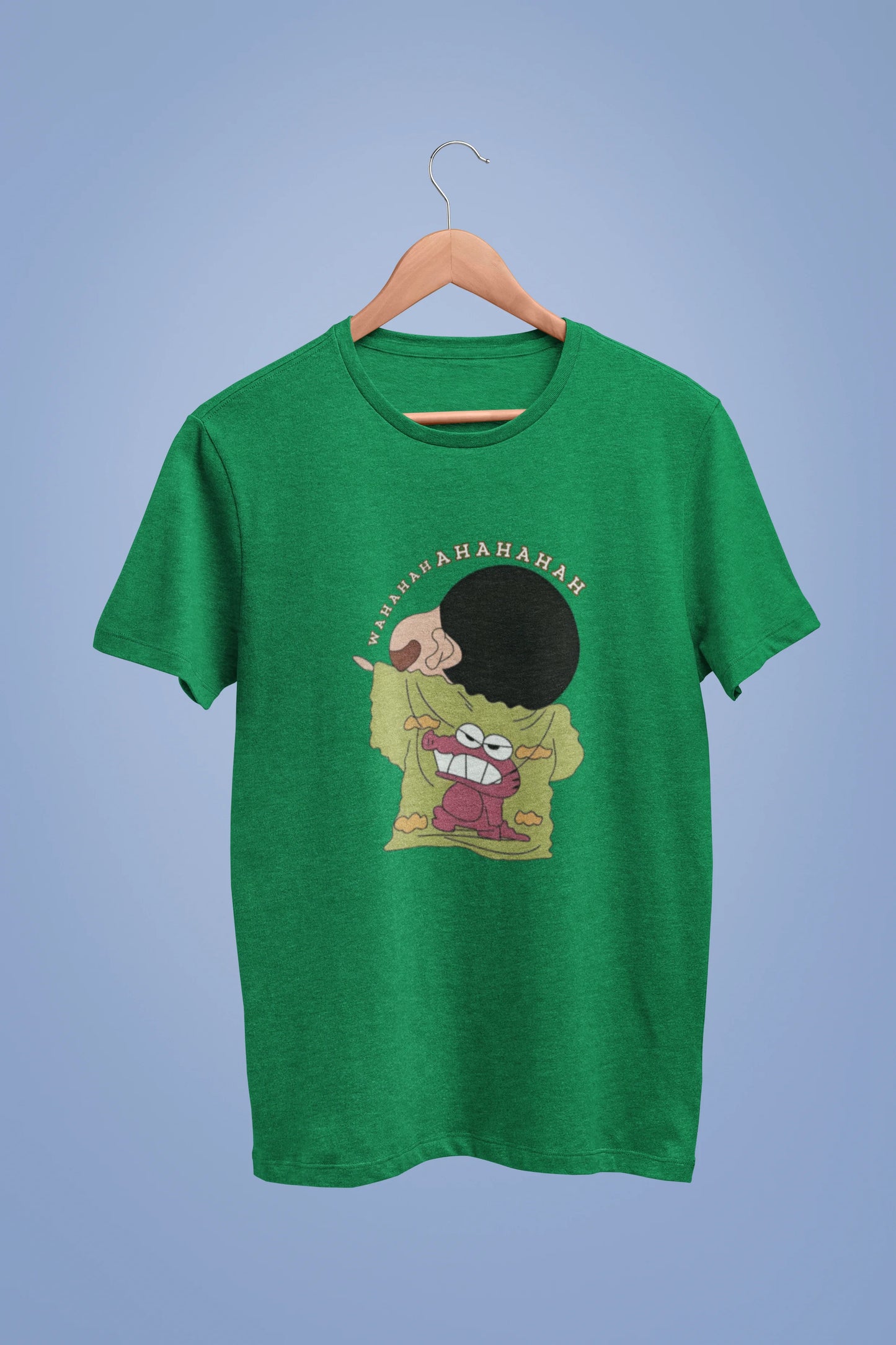 Front view of a forest green oversized t-shirt with a design of Shinchan laughing hysterically. Perfect for Shinchan fans who love the character's humor.