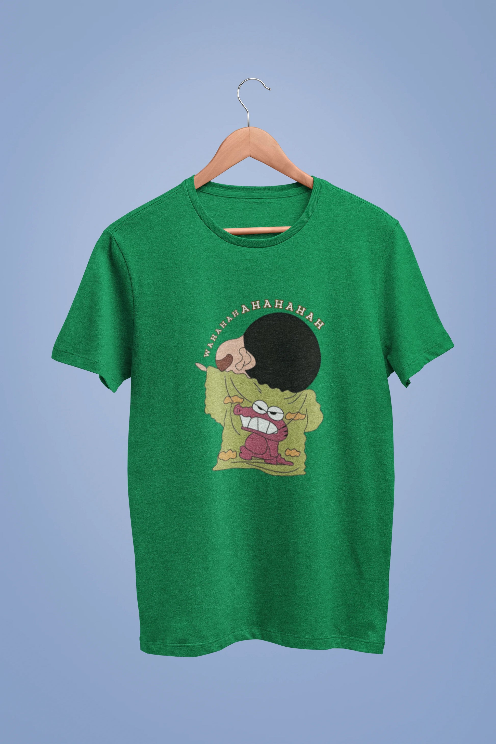 Front view of a forest green oversized t-shirt with a design of Shinchan laughing hysterically. Perfect for Shinchan fans who love the character's humor.