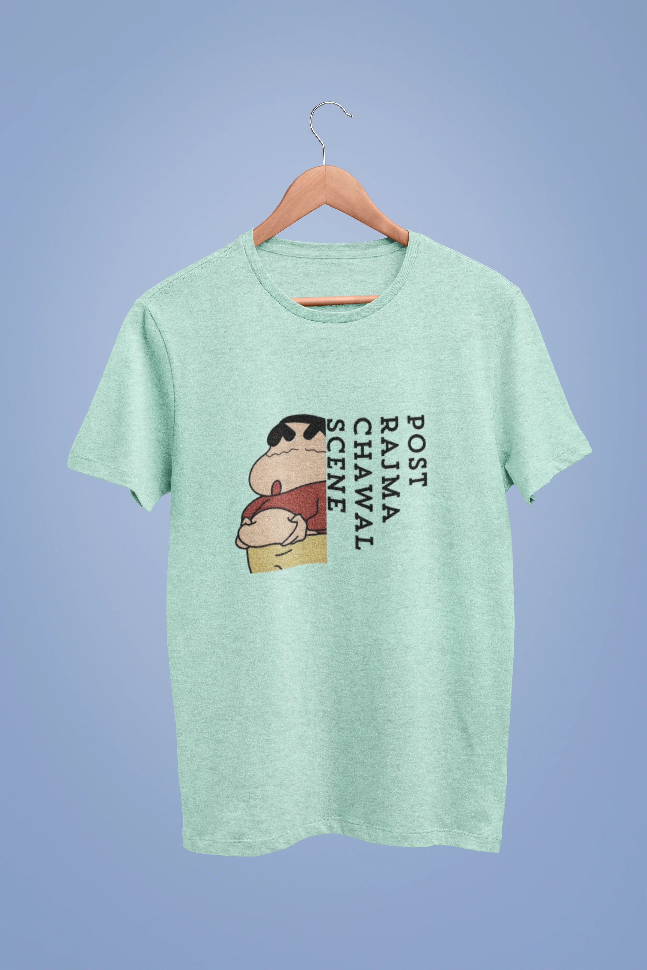 Front image of an oversized mint green tee with a humorous design of Shinchan enjoying a food coma. A must-have for Shinchan fans and food lovers.