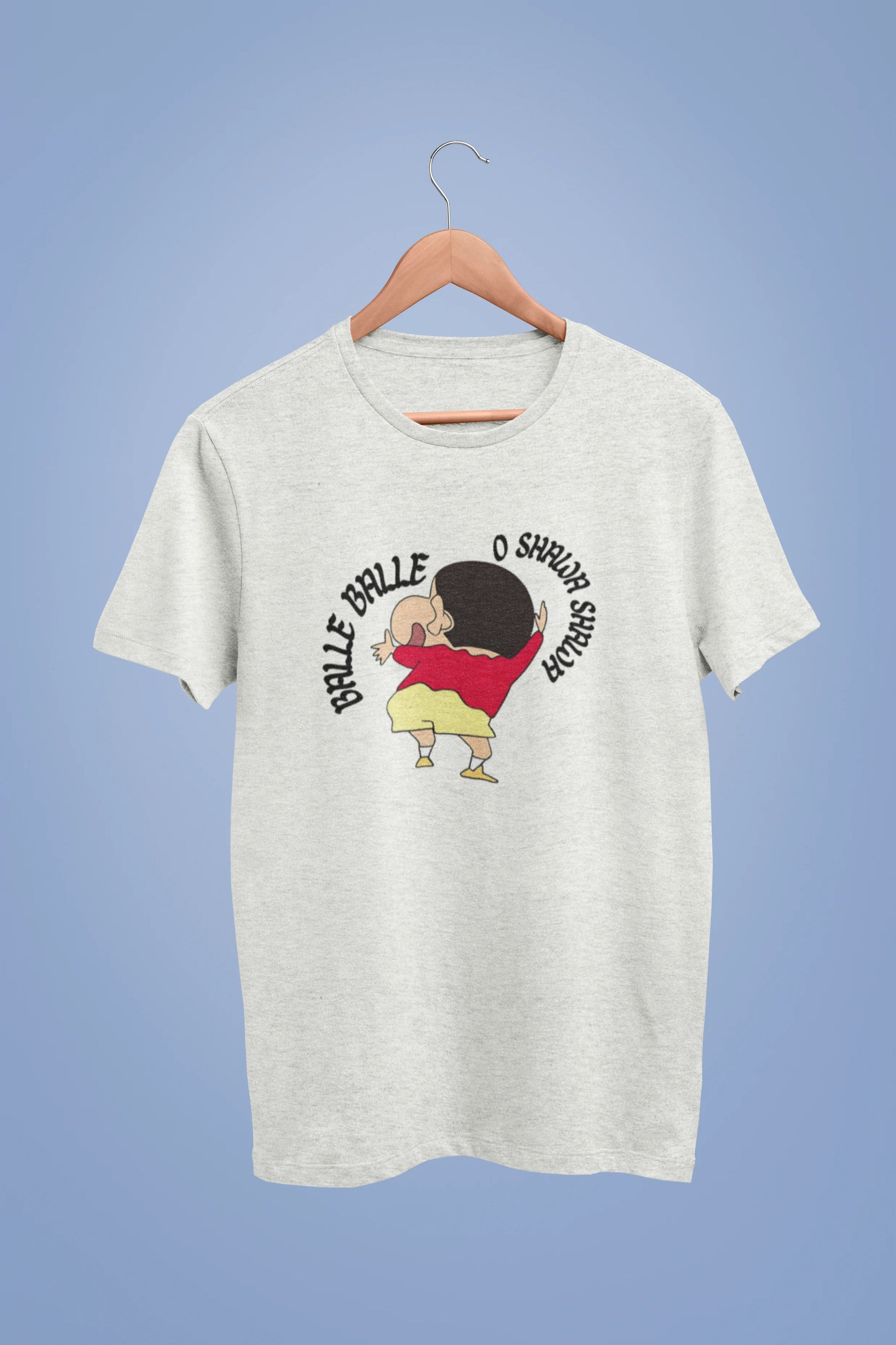 Front view of an oversized off-white tee with Shinchan dancing and the text "Balle Balle". A perfect blend of anime and Bollywood for Shinchan fans.