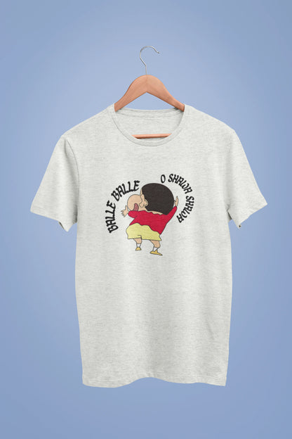 Front view of an oversized off-white tee with Shinchan dancing and the text "Balle Balle". A perfect blend of anime and Bollywood for Shinchan fans.