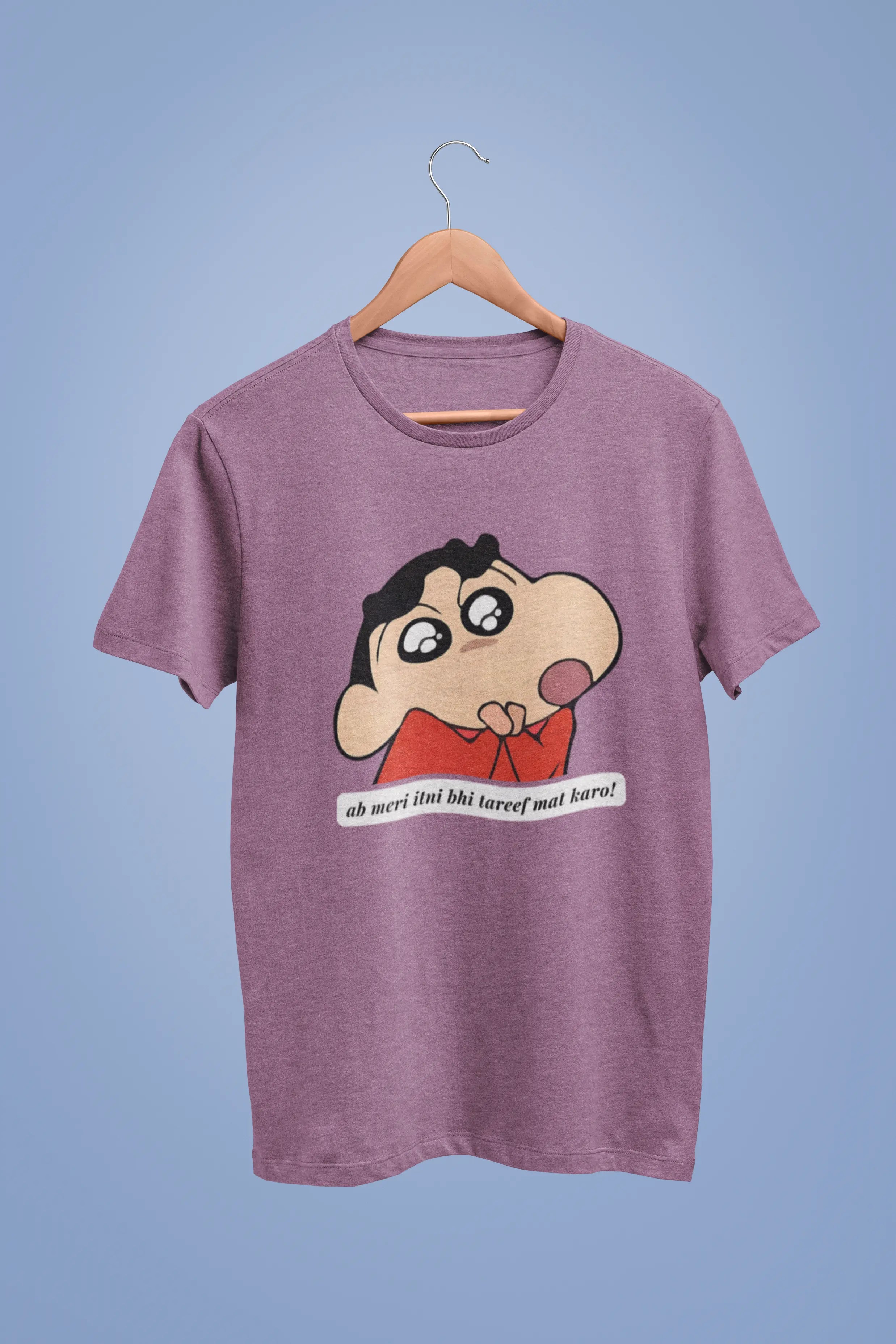 Front view of an oversized dirty purple tee featuring Shinchan with the text "Don't Praise Me So Much" in Hindi. A perfect blend of humor and nostalgia for Shinchan fans.