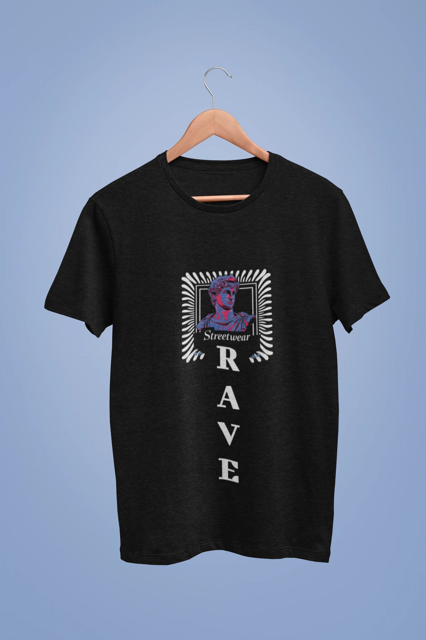Front view of a black oversized t-shirt with a street-inspired design and "Street Rave" text, ideal for rave and urban wear.