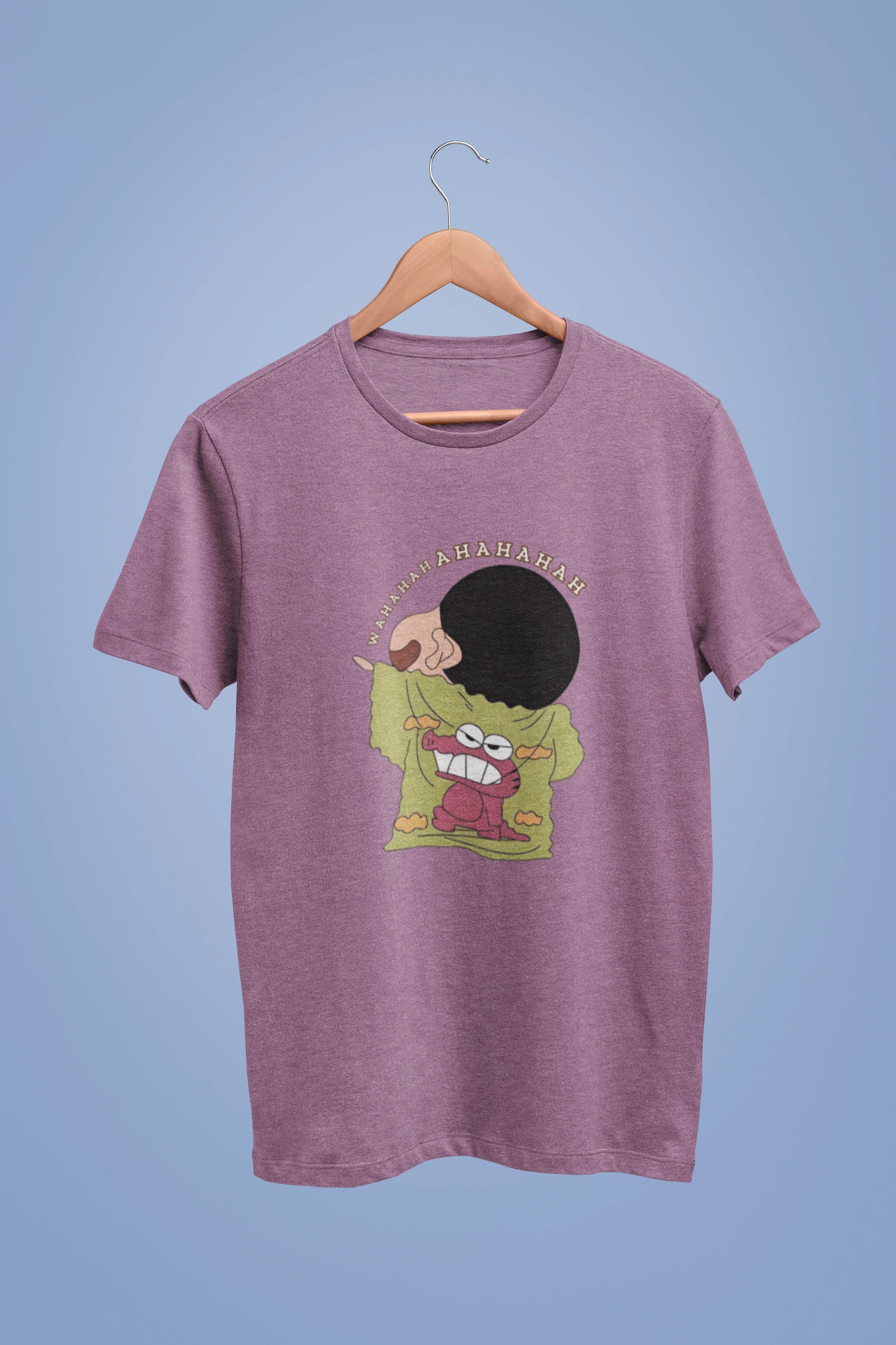 Front view of a dirty purple oversized t-shirt with a design of Shinchan laughing hysterically. Perfect for Shinchan fans who love the character's humor.