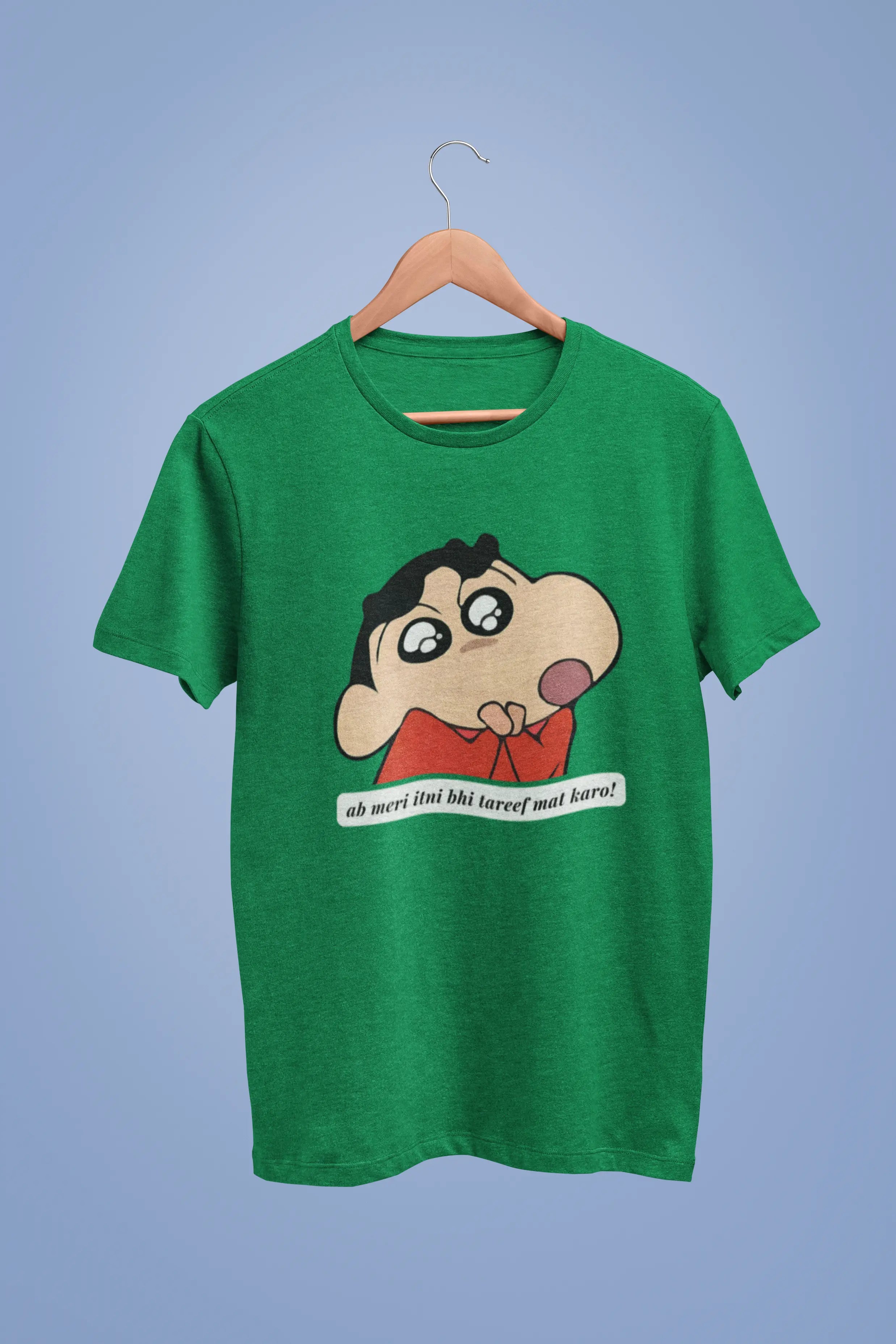 Front view of an oversized forest green tee featuring Shinchan with the text "Don't Praise Me So Much" in Hindi. A perfect blend of humor and nostalgia for Shinchan fans.