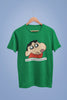 Front view of an oversized forest green tee featuring Shinchan with the text 