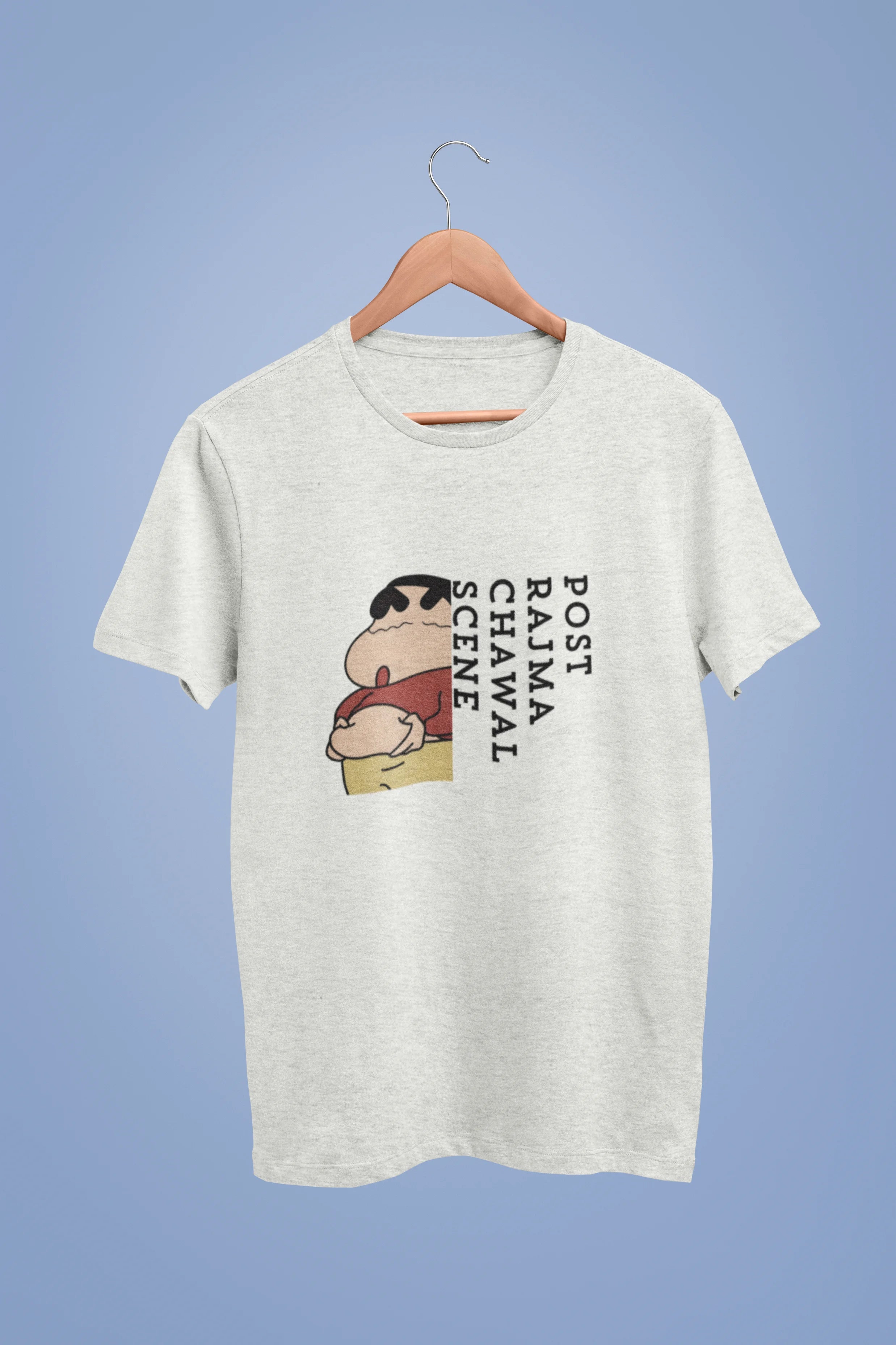 Front image of an oversized off-white tee with a humorous design of Shinchan enjoying a food coma. A must-have for Shinchan fans and food lovers.